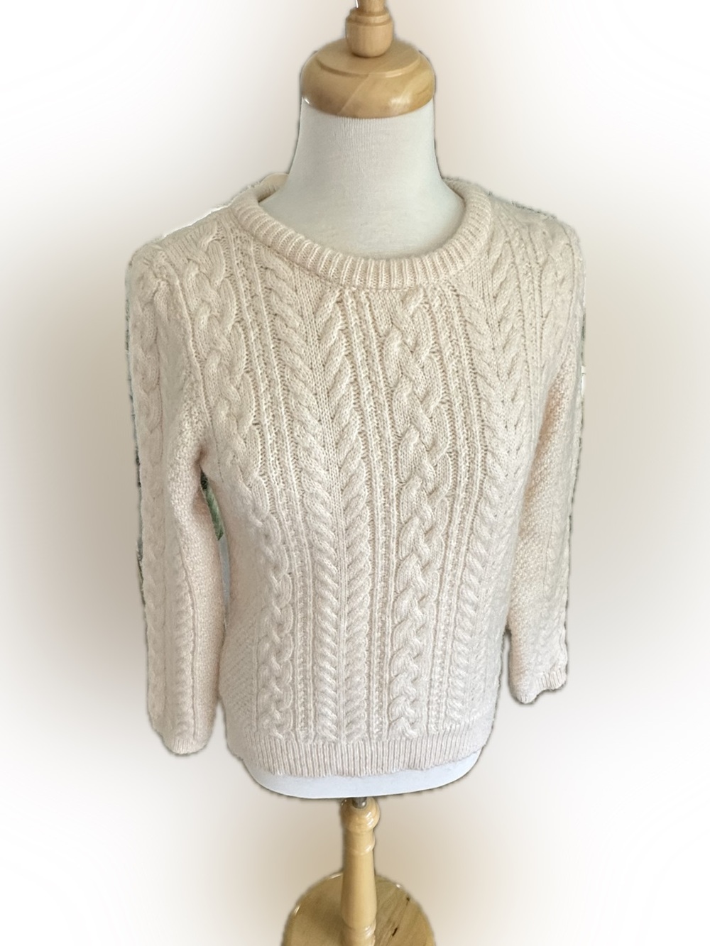 Zara Cream Cable Knit Crewneck Sweater with Bow Closure